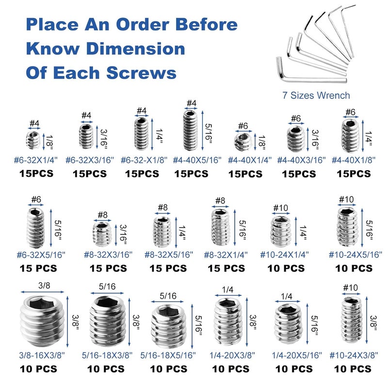 HanTof 245 Pcs 19 Sizes Set Screw Assortment Kit, SAE Allen Head Grub Screws for Bathroom Fixture, 304 Stainless Steel Internal Hex Drive Cup-Point for Door Knob, Faucets (#4-40 to 3/8"-16 UNC) - Image 4